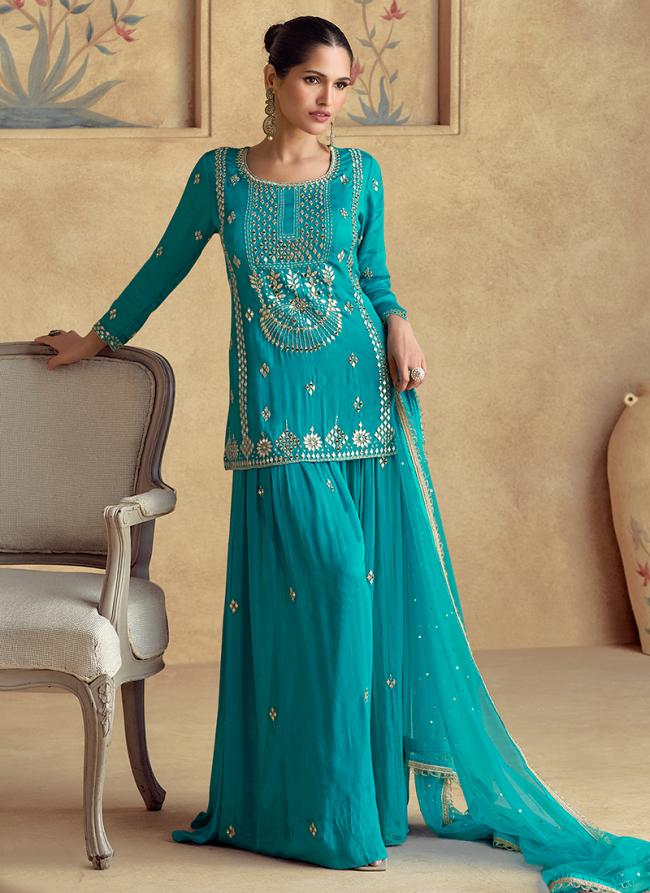 Chinnon Silk Sky Blue Wedding Wear Embroidery Work Readymade Plazzo Suit